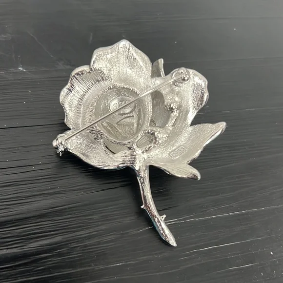 Nolan Miller Silver Tone Rose and Small Stones Shiny Brooch - Picture 2 of 5